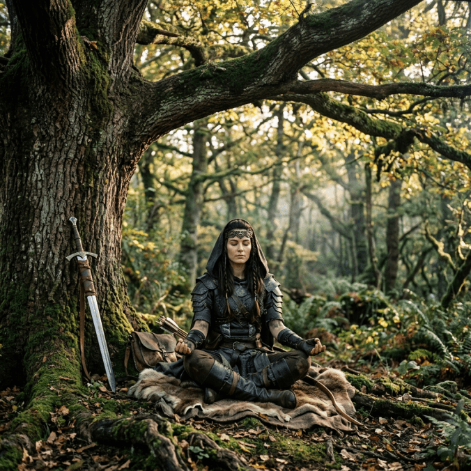 Warrior woman in armor meditating cross-legged under a tree in a forest