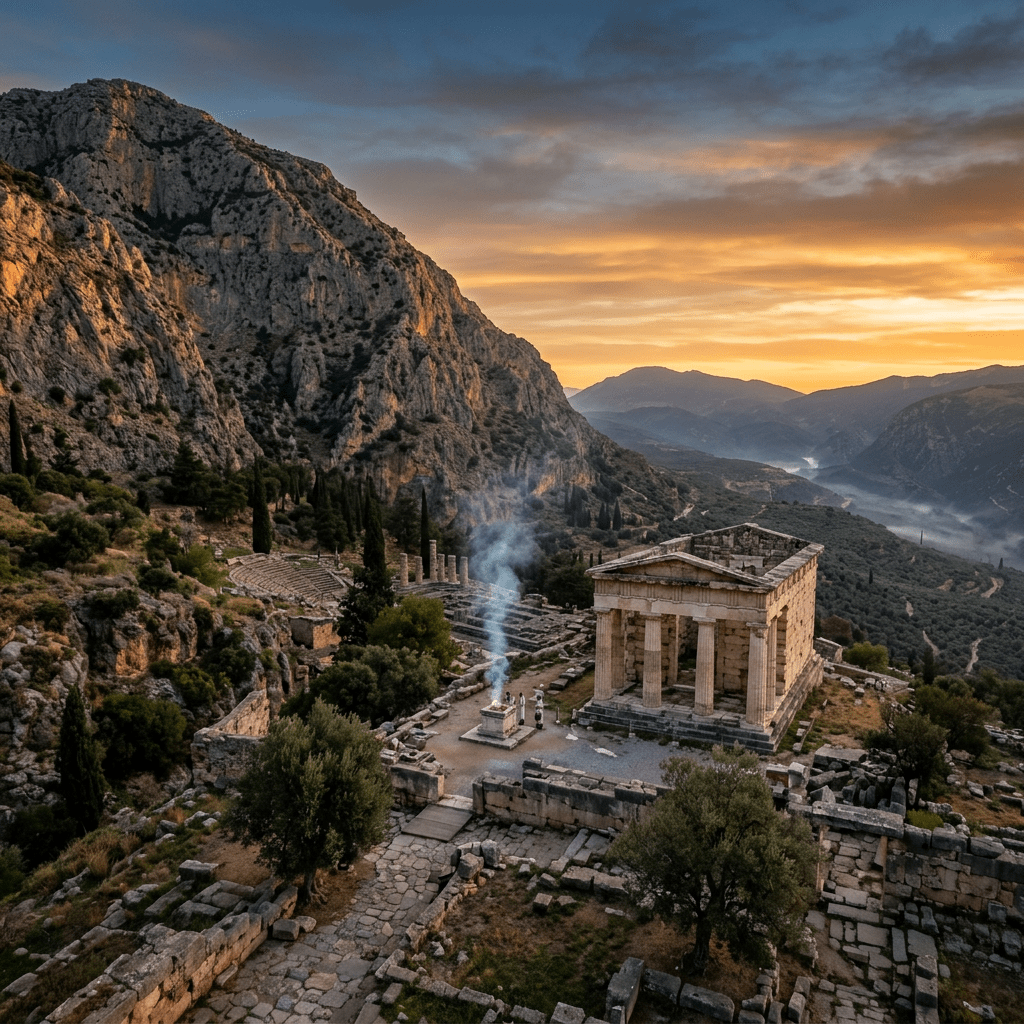 Temple of Athena in Delphi with smoke rising near mountain landscape at sunset