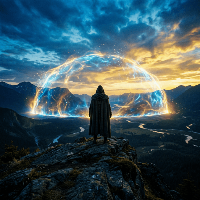Person in cloak on rocky cliff observing glowing blue and orange energy dome over valley at sunset