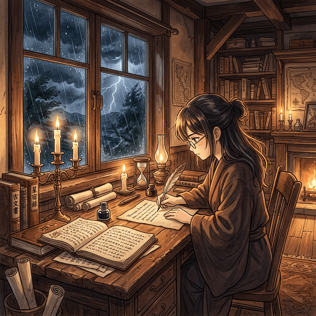Woman writing with a quill at a wooden desk by candlelight during a storm outside the window