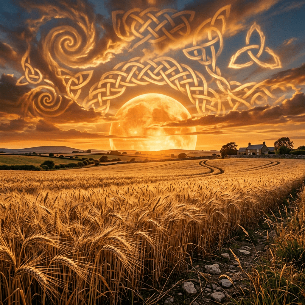 Wheat fields at sunset with Celtic knot patterns glowing in the sky