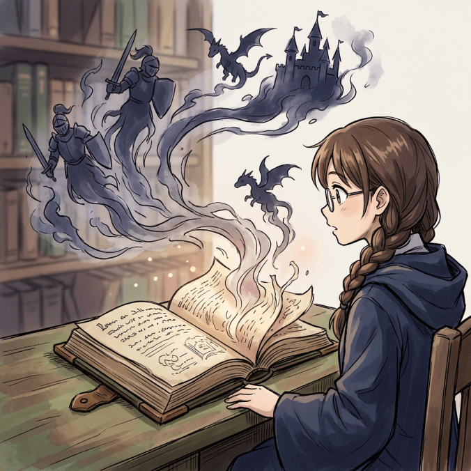 Open book pages turning into smoky silhouettes
