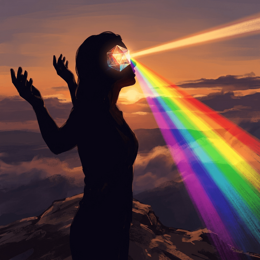 Silhouette with a glowing geometric prism on forehead emitting a rainbow beam.