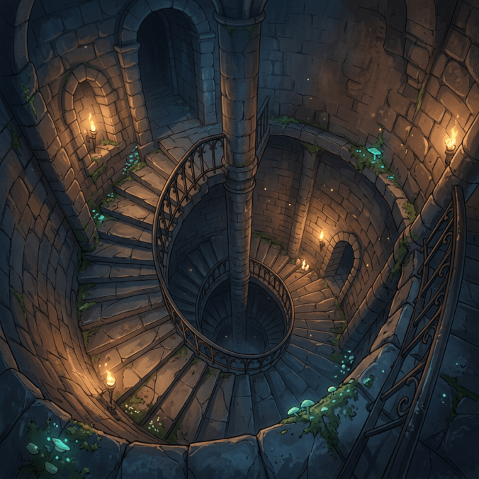 Spiral stone staircase inside an ancient stone tower with torchlight and glowing mushrooms