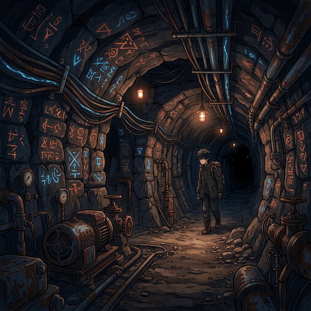 Person walking in an underground tunnel with glowing unknown symbols on stone walls and rusty pipes