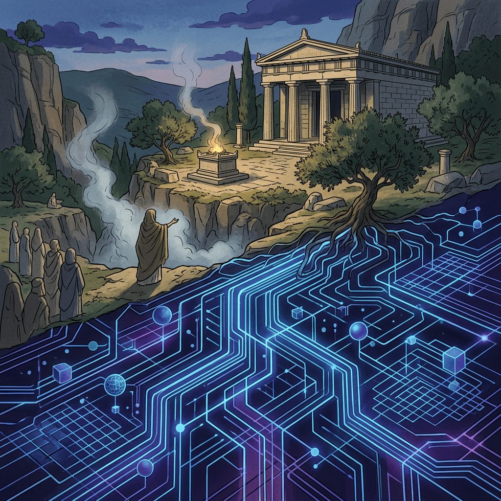 Ancient temple and ritual scene merging with a glowing digital circuit board