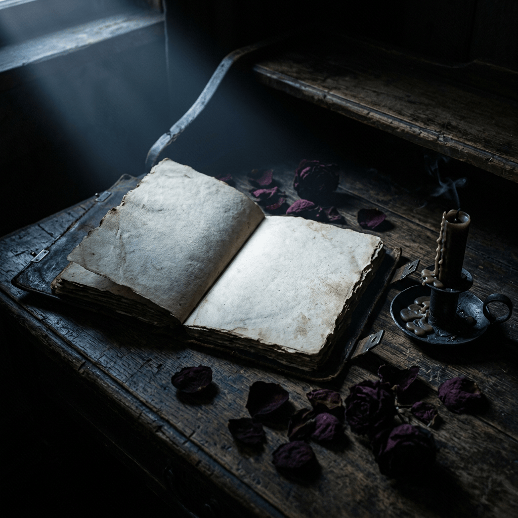 Open antique book beside a candle and dark rose petals