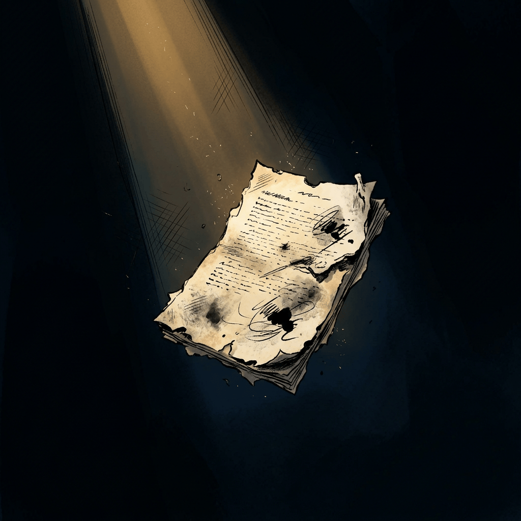Weathered handwritten manuscript with torn pages under a beam of light