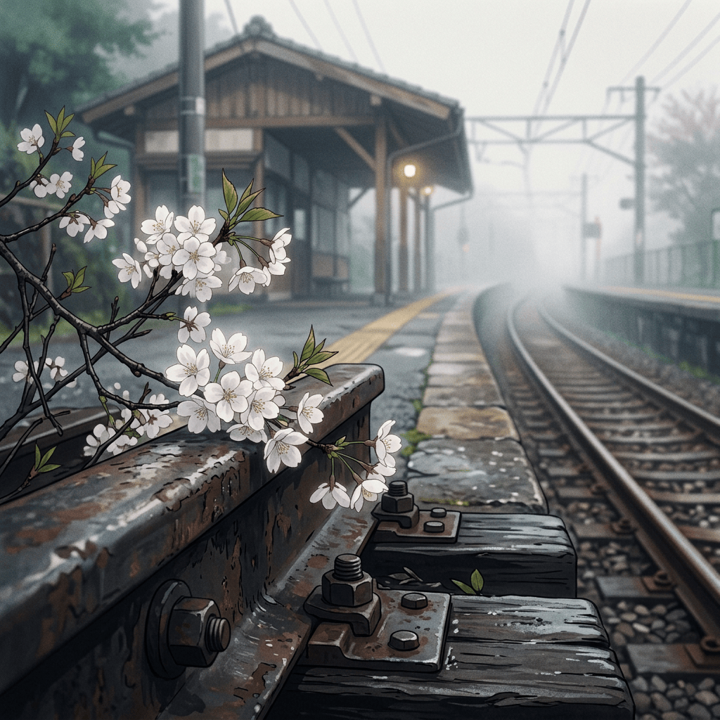White blossoms beside weathered railway iron