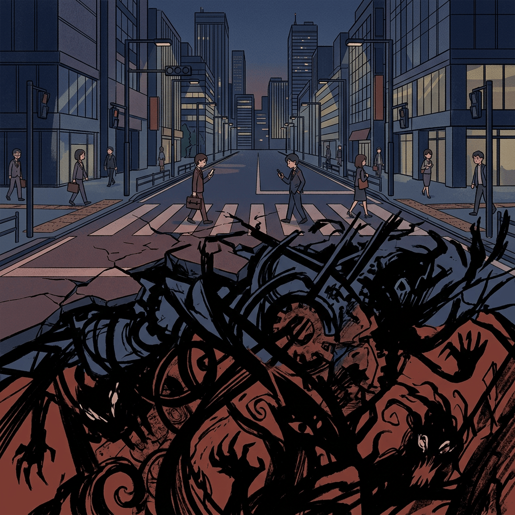 Shadowy creatures erupt from a cracked street in a modern city